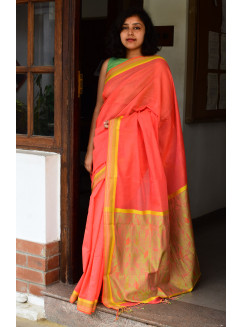 Orange, Handwoven Organic Cotton, Textured Weave , Jacquard, Work Wear Saree